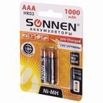 Батарейки аккумуляторные SONNEN, ААА (HR03), Ni-Mh, 1000 mAh, 2 шт., в блистере, 454237
