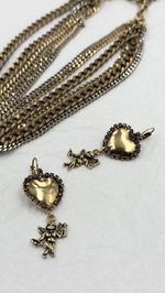 Серьги сердце со светло-серыми кристаллами по краю и ангел со стрелой, золото антик