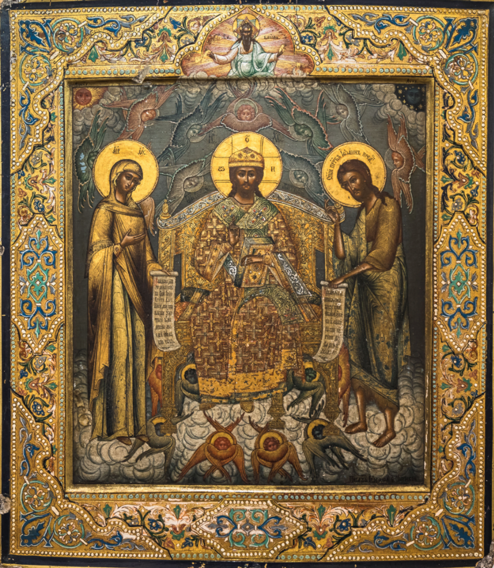 Икона Спас Великий Архиерей на престоле с предстоящими Богоматерью и Иоанном Предтечей на левкасе на дереве мастерская Иконный Дом