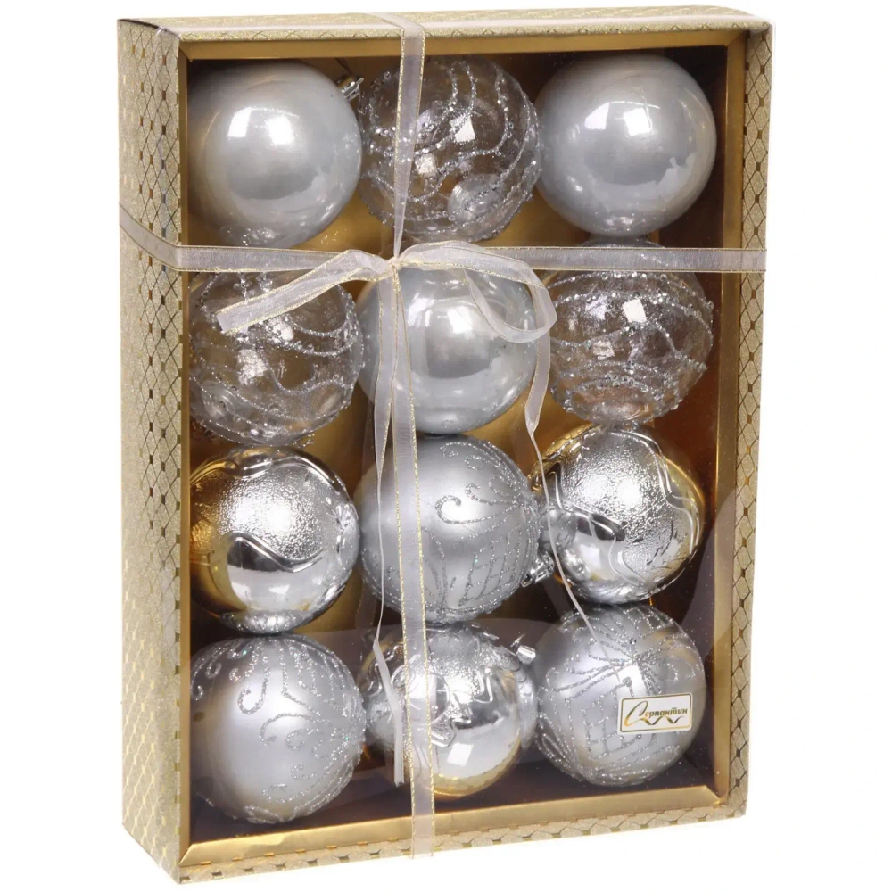Новогодние шары «Волшебство ночи» 8 см (набор 12 шт), Серебро
