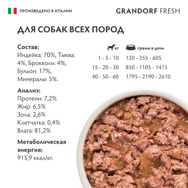 Консервы GRANDORF FRESH для собак, паштет из индейки с тыквой и брокколи