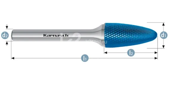 Борфреза твердосплавная Karnasch форма F, 3х8х3х38 мм, насечка HP-11 Micro, покрытие Blue-Tec, арт. 11.6084-010