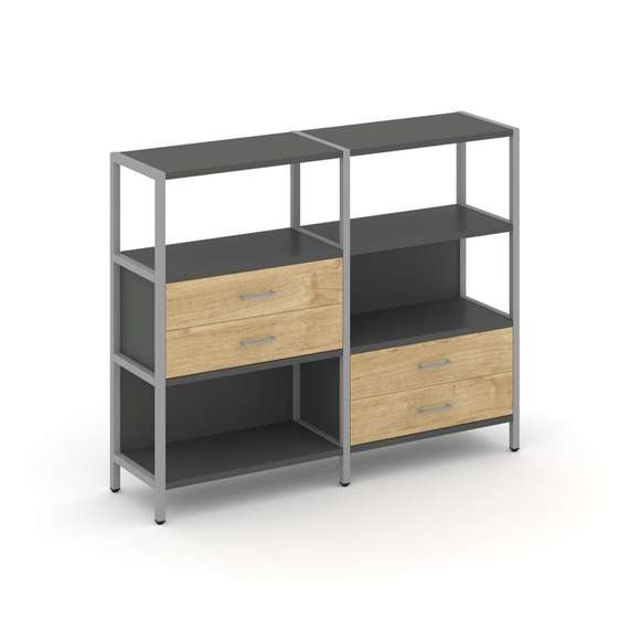 Shelf System Двухсекционный стеллаж трехярусный с ящиками SN.STM-323 Антрацит/Тиквуд Светлый/Металл