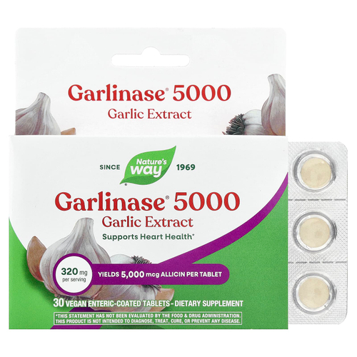 Nature's Way, Garlinase® 5000, экстракт чеснока, 320 мг, 30 веганских таблеток с кишечнорастворимой оболочкой