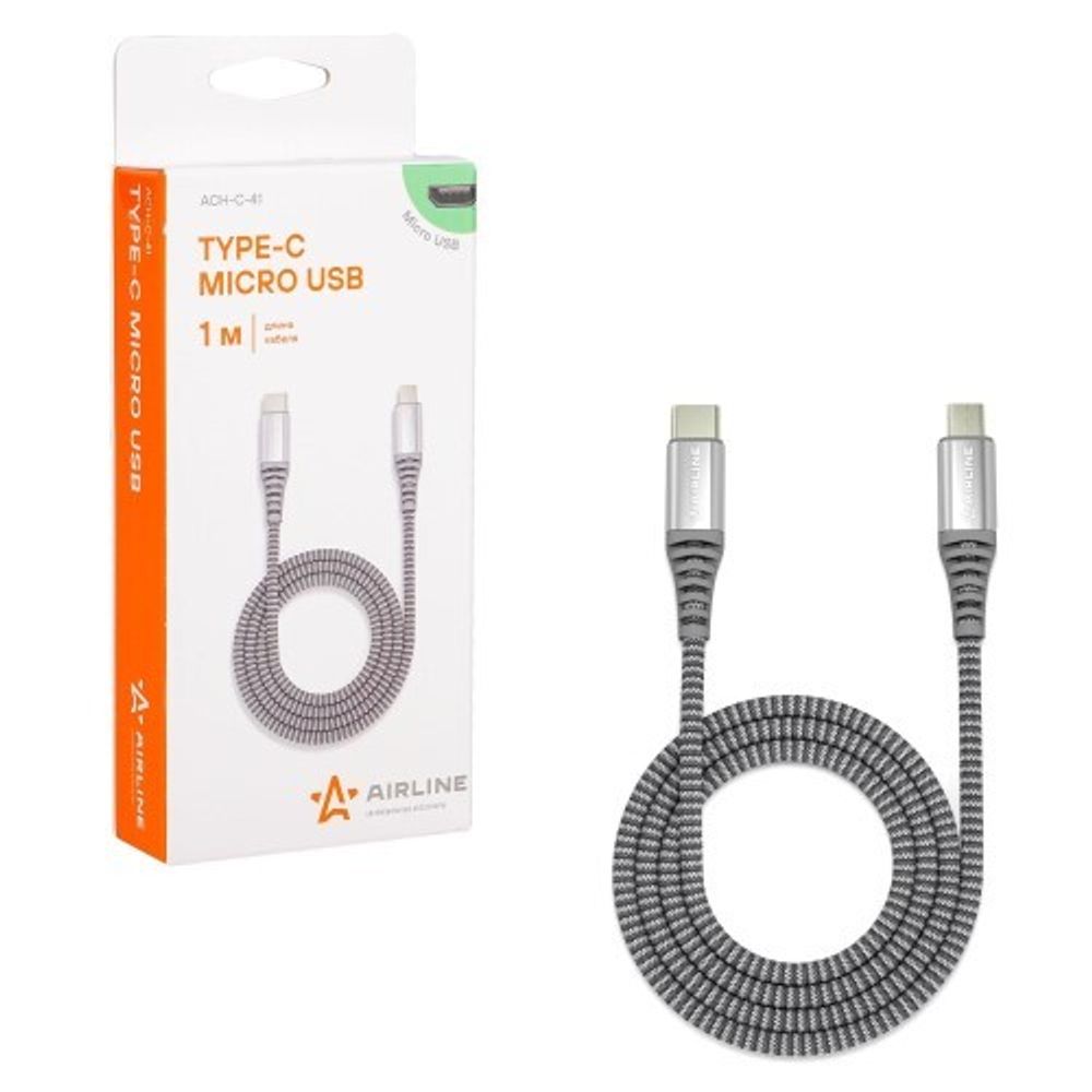 Дата-кабель универ. Type-C на micro USB 1 м серый 2А, нейлоновая оплетка (AIRLINE)