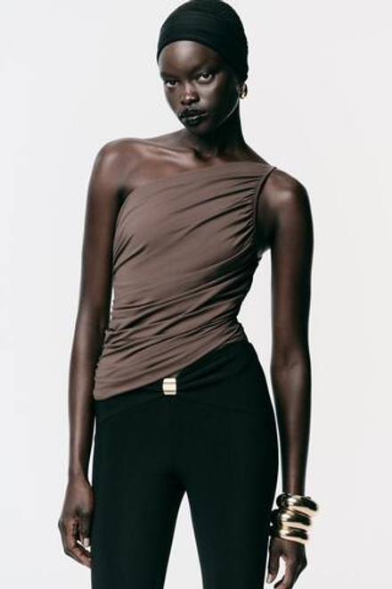 ZARA БОДИ АСИММЕТРИЧНОГО КРОЯ СО СБОРКАМИ, СЕРО-КОРИЧНЕВЫЙ