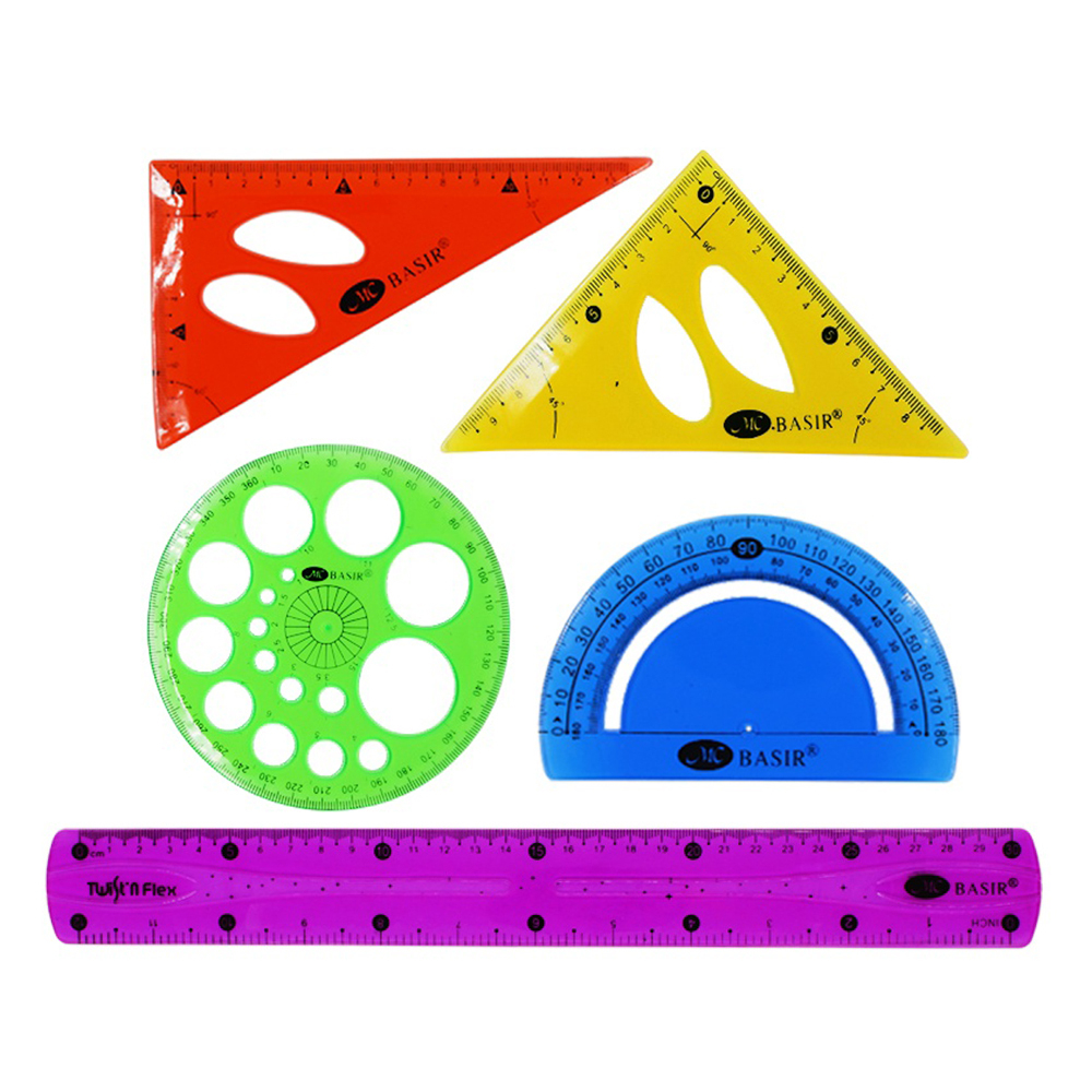 Линейка Basir пластиковая, гибкая, набор 5 шт, 5 предметов: линейка 30 см, транспортир, круглая линейка-трафарет и два угольника