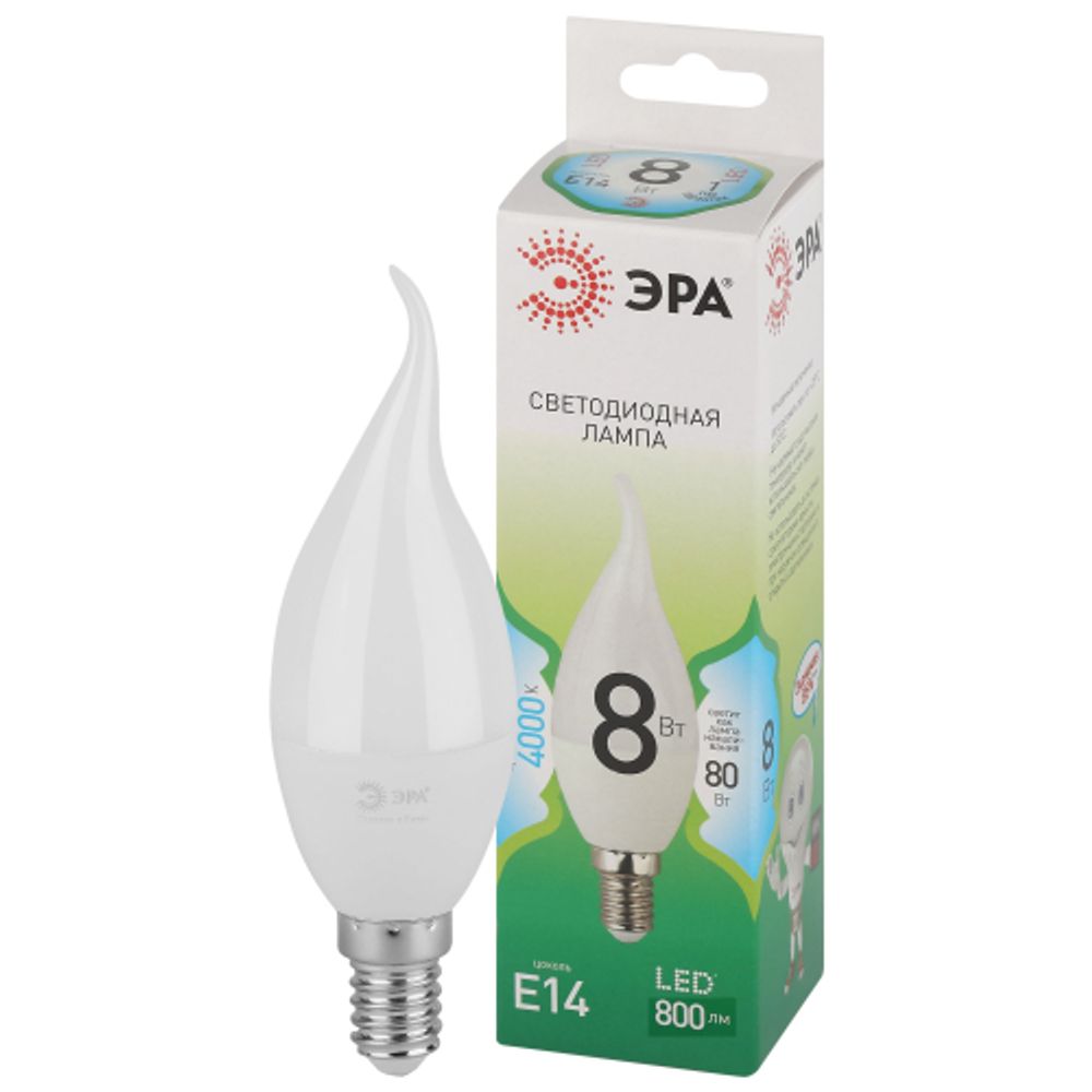Лампочка светодиодная ЭРА GREEN LINE LED BXS-8W-840-E14 GL E14 8 Вт свеча на ветру яркий белый свет