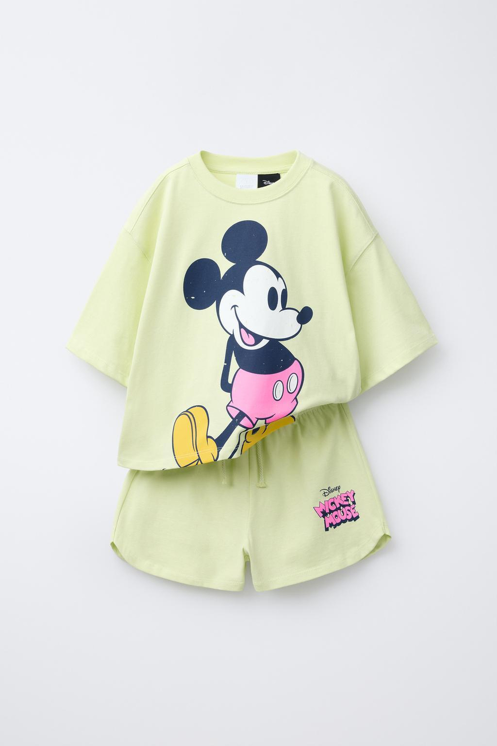 ZARA КОМПЛЕКТ ИЗ ФУТБОЛКИ И ШОРТОВ-БЕРМУДОВ С ПРИНТОМ MICKEY MOUSE © DISNEY, ЛАЙМОВЫЙ