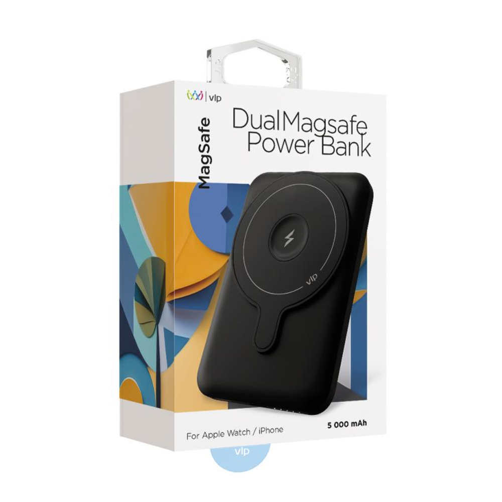 Внешний аккумулятор MagSafe VLP Dual Power Bank (5000 мА·ч) Беспроводная зарядка: Qi 15 Вт, магнитное крепление для зарядки Apple Watch (Qi 3 Вт). Проводная зарядка: USB-C. Есть LED-индикация и поддержка PD. Энергоёмкость — 19,25 Вт·ч. Максимальная выходн