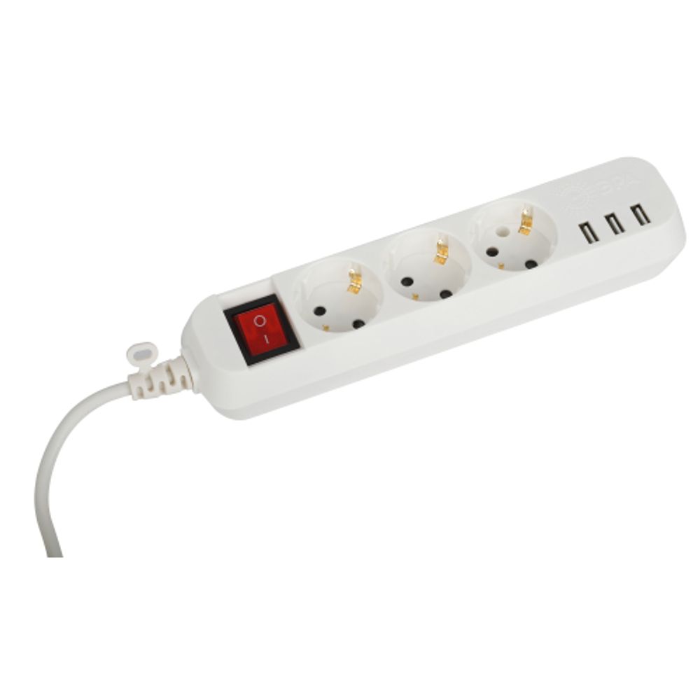 Удлинитель электрический ЭРА U-3es-5m-USB c заземлением с выключателем 3 розетки + 3xUSBA 5м 10А