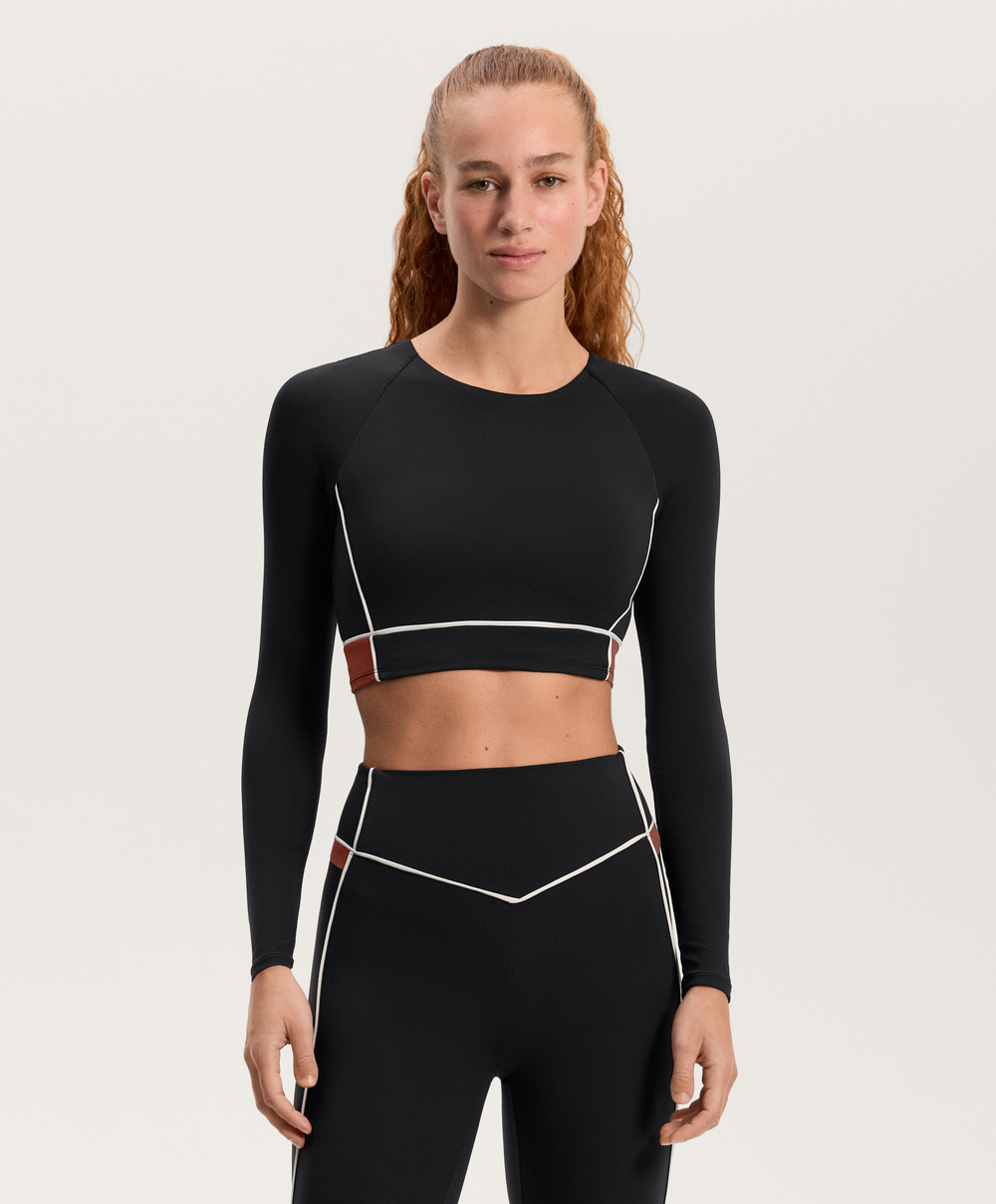 Oysho Топ Comfortlux с длинным рукавом и окантовкой, черный