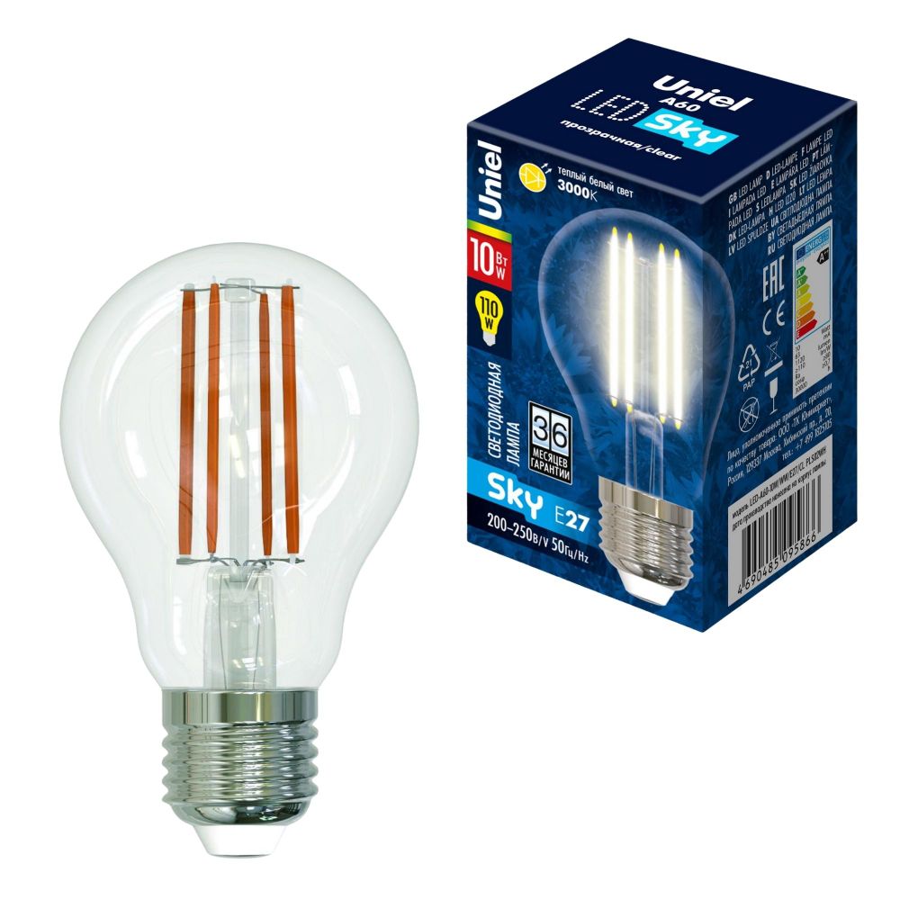 LED-A60-10W-NW-E27-CL PLS02WH Лампа светодиодная. Форма A. прозрачная. Серия Sky. Белый свет 4000K. Картон. ТМ Uniel