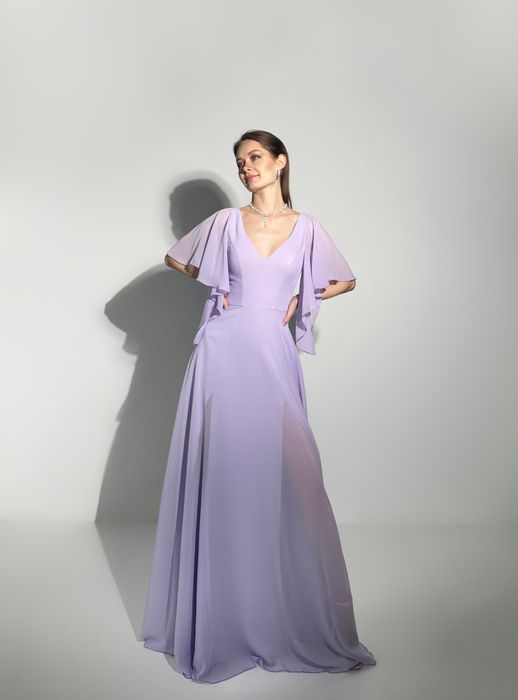 Нарядное вечернее платье из воздушного шифона с разрезами (лавандовый)