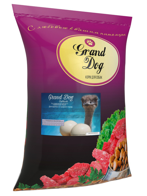 Grand dog корм сухой для взрослых собак крупных пород мясо страуса, яйцо страуса
