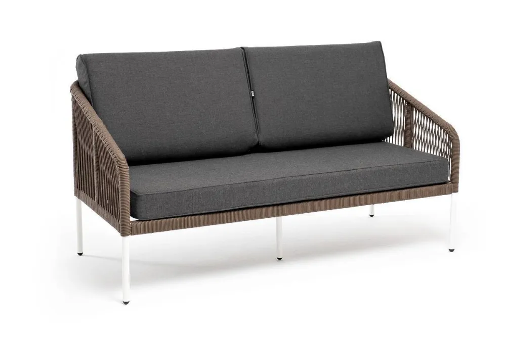 "Канны" диван 2-местный плетеный из роупа, каркас алюминий белый, роуп коричневый круглый, ткань серая