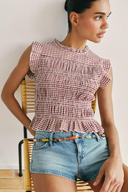 ZARA ТОП В КЛЕТКУ ВИШИ С ЭФФЕКТОМ ЖАТКИ, ЭКРЮ/ГРАНАТОВЫЙ