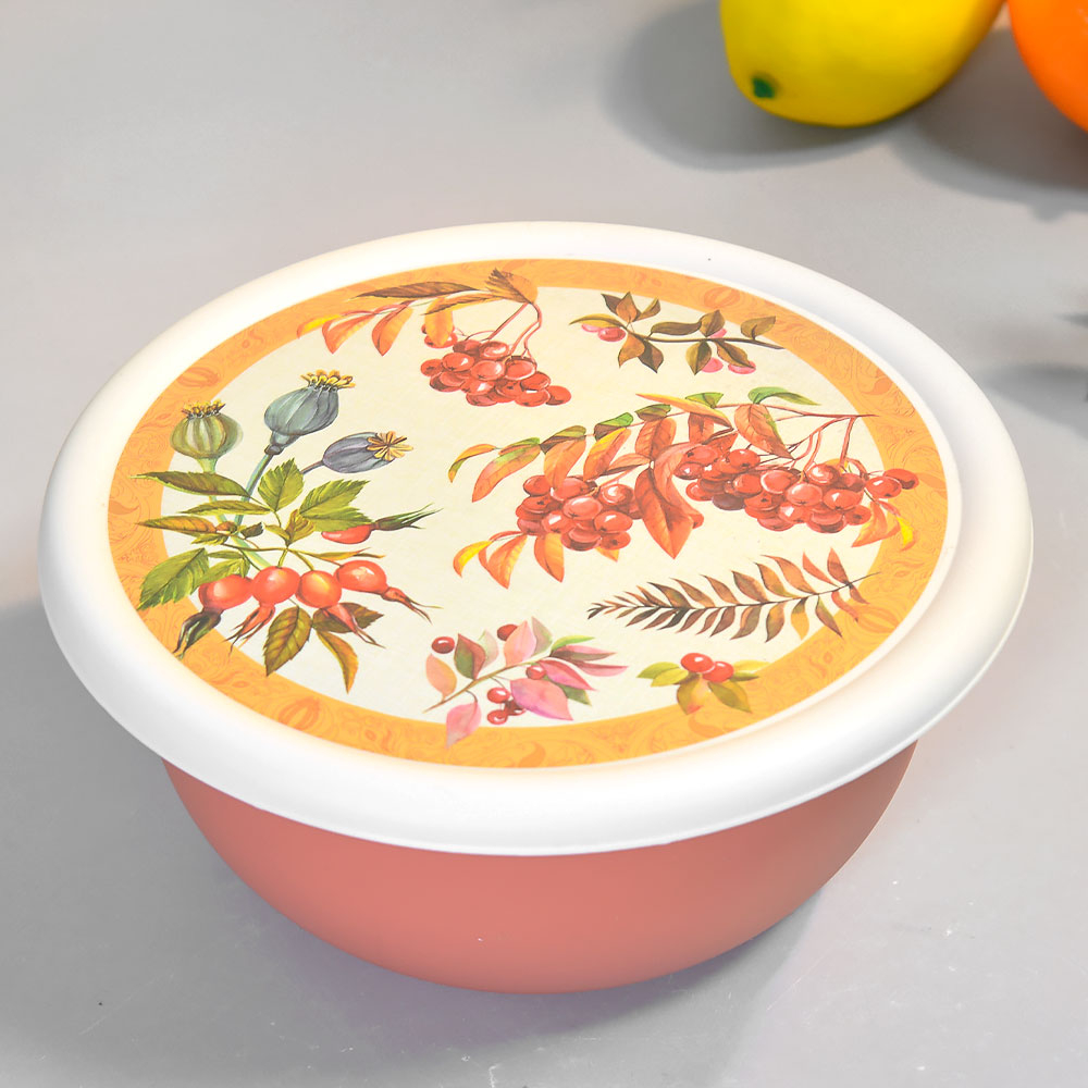 Миска 1,2л с крышкой с декором (оранжевый)