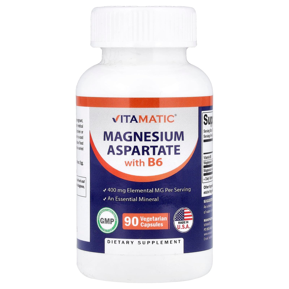 Vitamatic, аспартат магния с витамином B6, 90 вегетарианских капсул