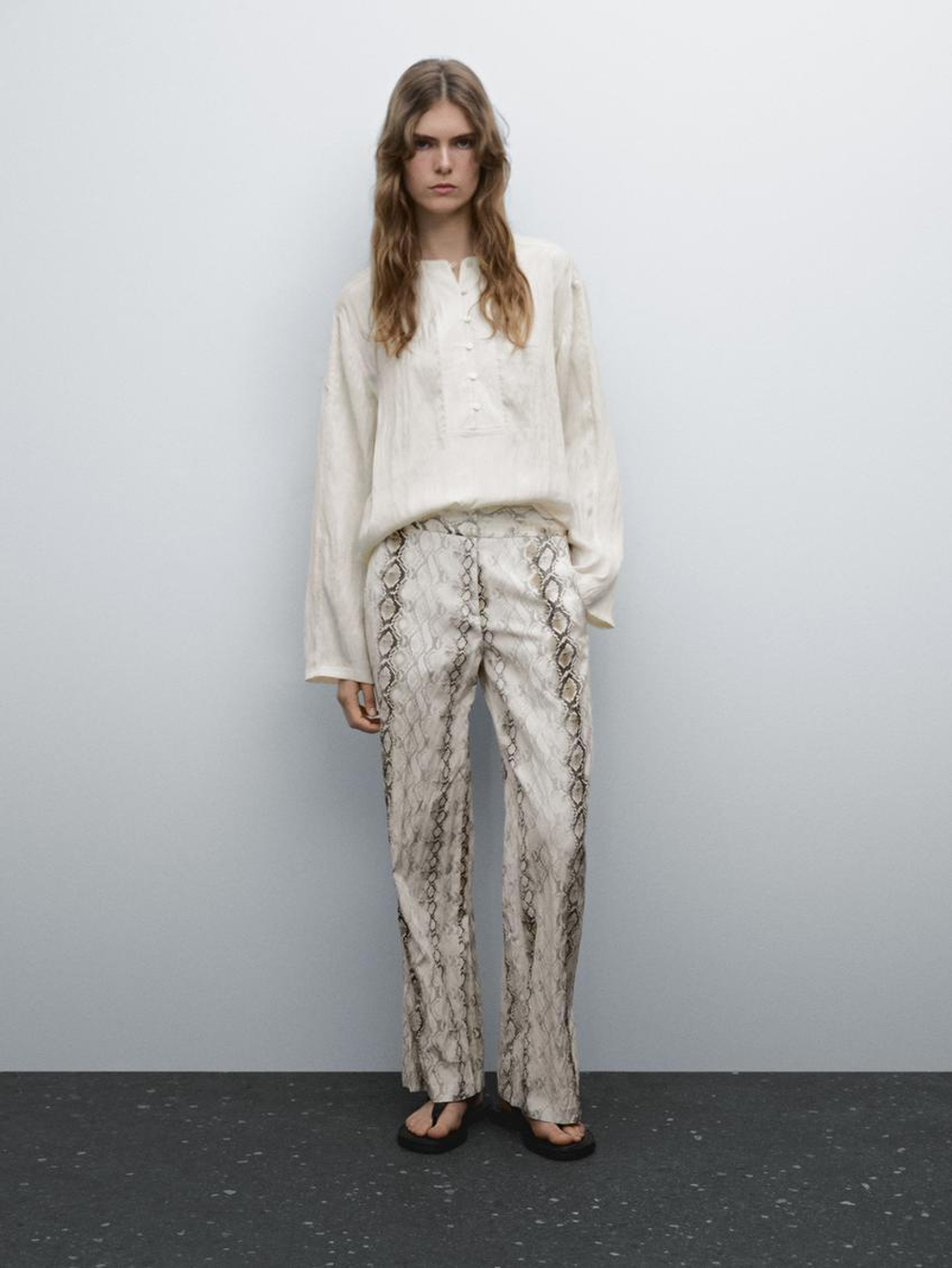 Massimo Dutti Рубашка из струящейся ткани с пуговицами на груди, натуральный, кремовый