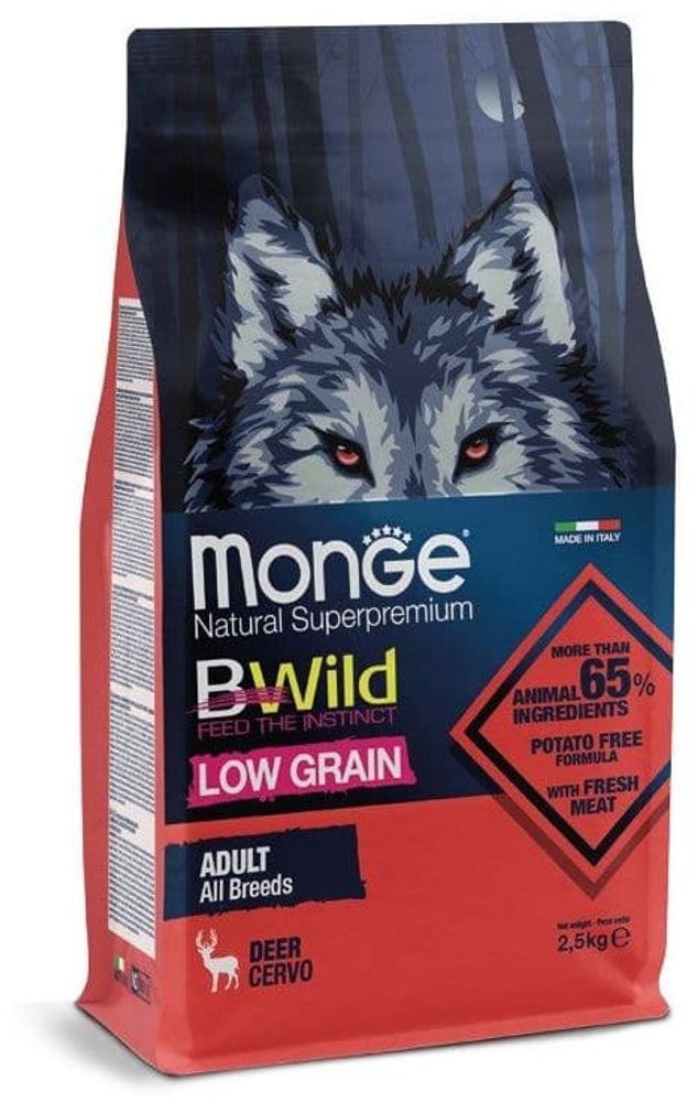 Monge Dog BWild LOW GRAIN корм из мяса оленя для взрослых собак всех пород 2,5кг