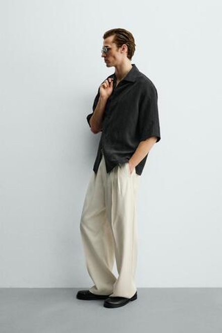 ZARA ЖАККАРДОВАЯ РУБАШКА BOXY FIT В ПОЛОСКУ, ЧЕРНЫЙ