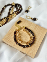 Браслет двойной из граната и цепи ролло, фурнитура золото