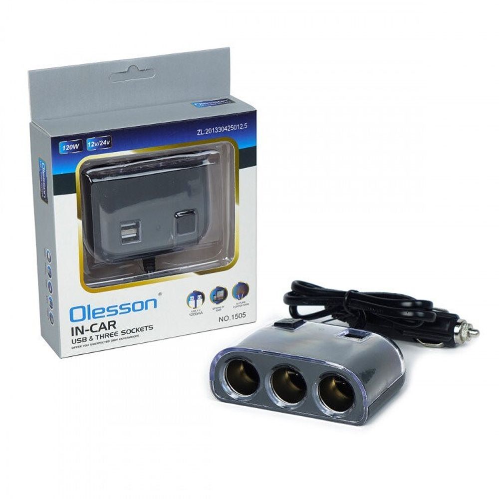 Разветвитель прикуривателя 3 гнезда + 2 USB порта, с выключателем нагрузки, длинный штекер (Olesson)