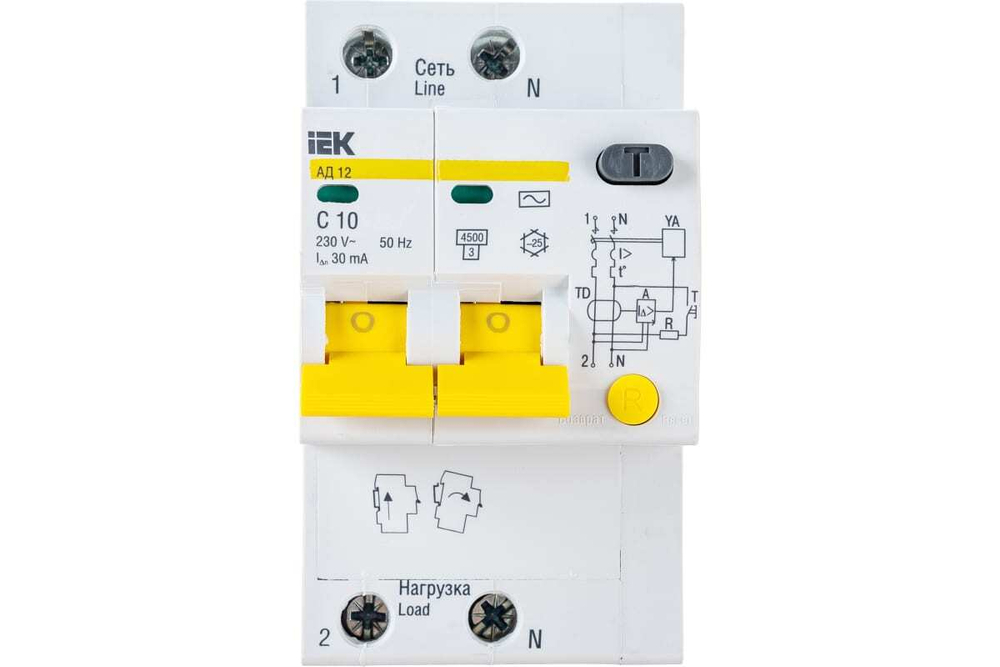 Дифференциальный автоматический выключатель АД12 2Р 10А 30мА IEK