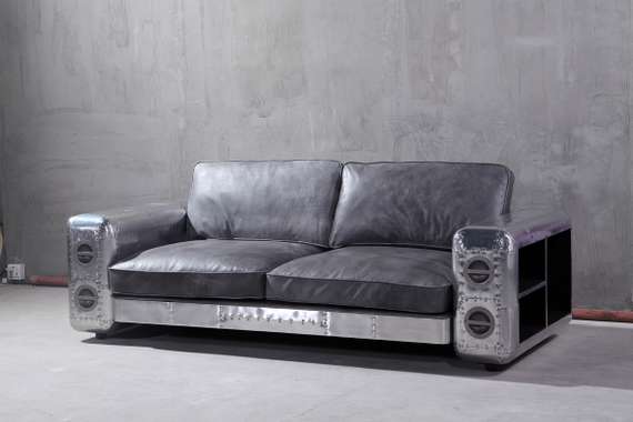 Диван Aviator 205 см, серая натуральная кожа