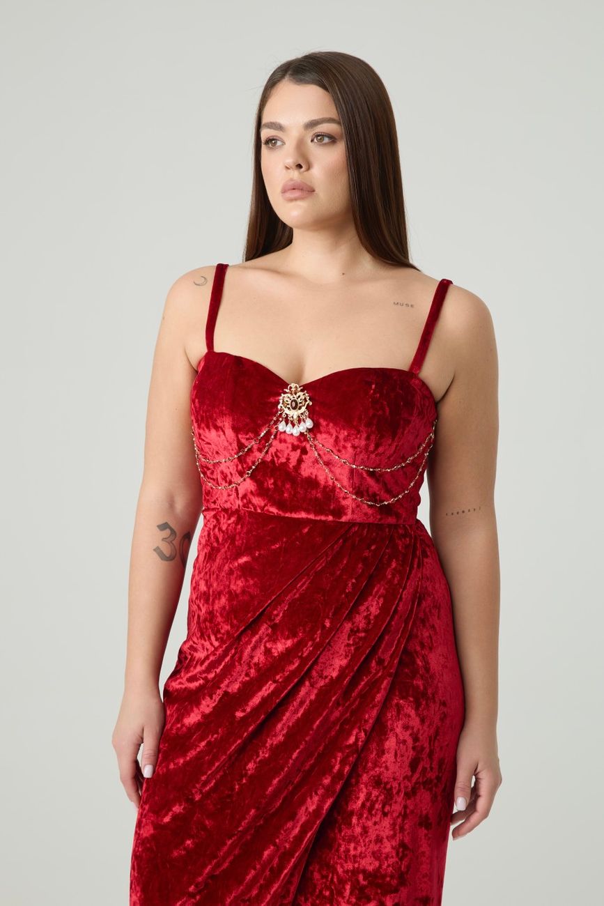 Платье из бархата макси с разрезом, красный