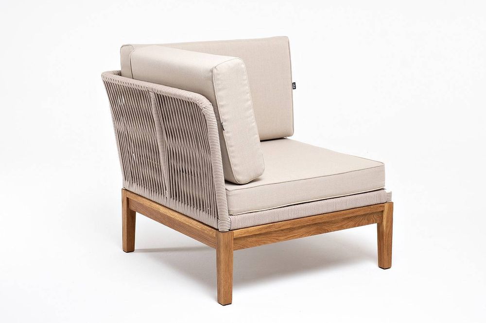 "Канны" угловой модуль плетеный из роупа, основание дуб, роуп бежевый круглый, ткань бежевая 052