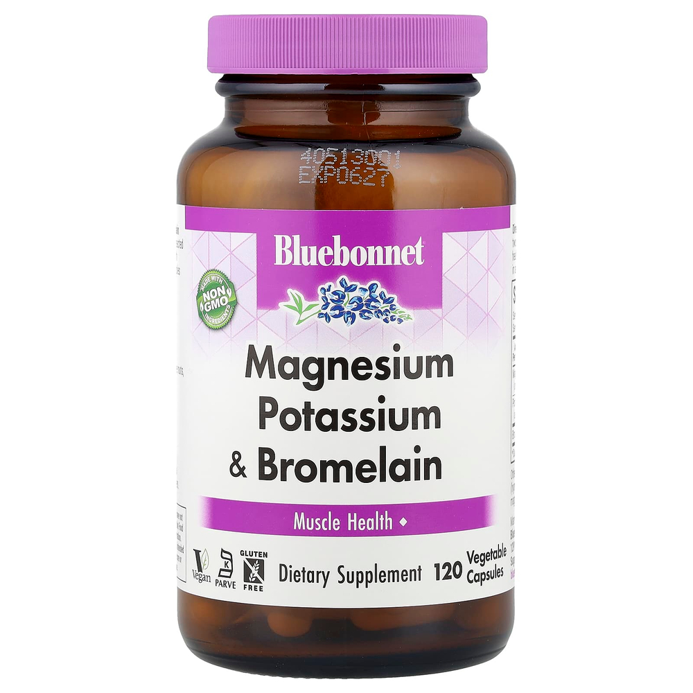 Bluebonnet Nutrition, Магний, калий и бромелаин, 120 растительных капсул