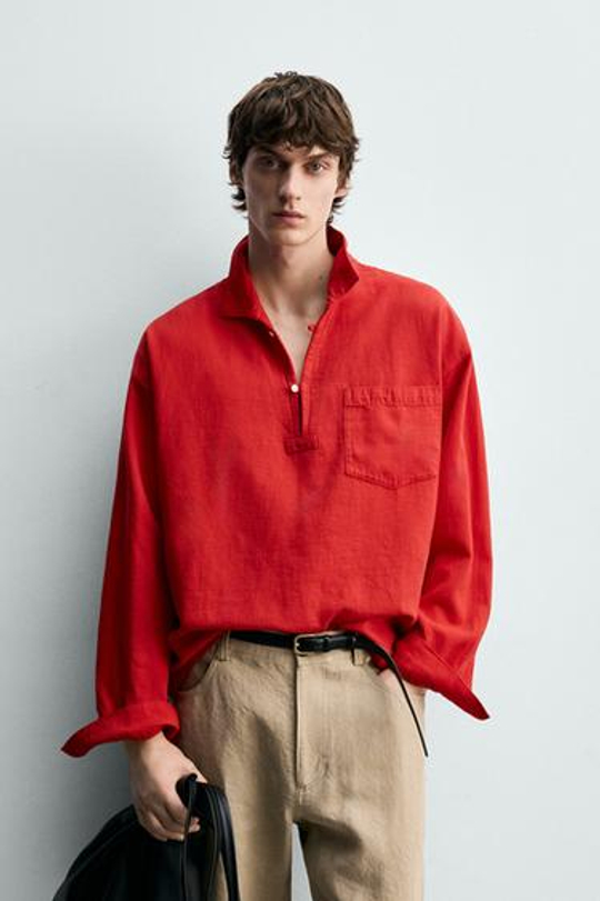 ZARA ПОЛО RELAXED FIT ИЗ РЕЛЬЕФНОЙ ТКАНИ, КРАСНЫЙ