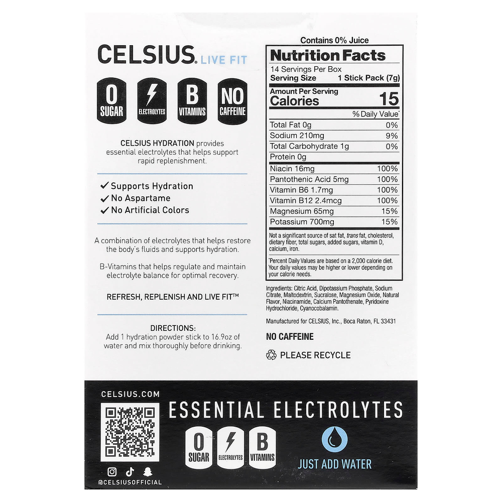 Celsius, Live Fit, увлажнение, незаменимые электролиты, без кофеина, арктическая вишня, 14 стиков в виде порошка, по 7,43 г (0,26 унции)