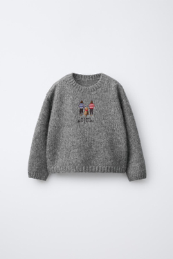 ZARA ТРИКОТАЖНЫЙ ДЖЕМПЕР С ВЫШИВКОЙ, СЕРЫЙ МЕЛАНЖ