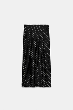 ZARA АТЛАСНАЯ ЮБКА МИДИ В ГОРОШЕК, ЧЕРНЫЙ/БЕЛЫЙ