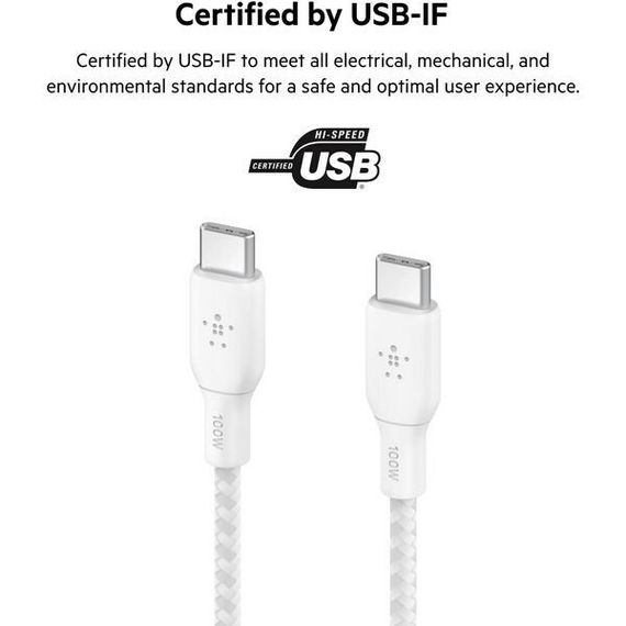 Кабель Belkin Boost Charge Braided USB-C - USB-C, 2 м, нейлон, белый (CAB014bt2MWH)