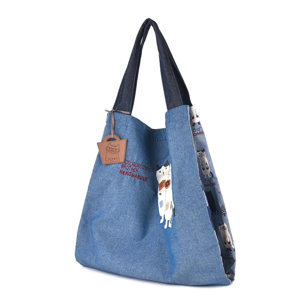 Сумка-шоппер большая с 2 отсеками на кнопке-магните, "NEKOMARUKE", синий, 23-6520-3, KUSUGURU