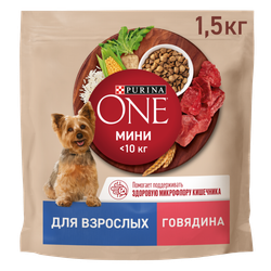 Сухой корм Purina ONE МИНИ для собак мелких и карликовых пород, с говядиной и рисом, 1,5 кг