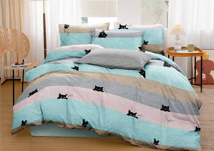 Комплект постельного белья 1.5 сп с простыней на рез.90х200 БЯЗЬ "Cats n" (нав. 50х70 или 70х70)