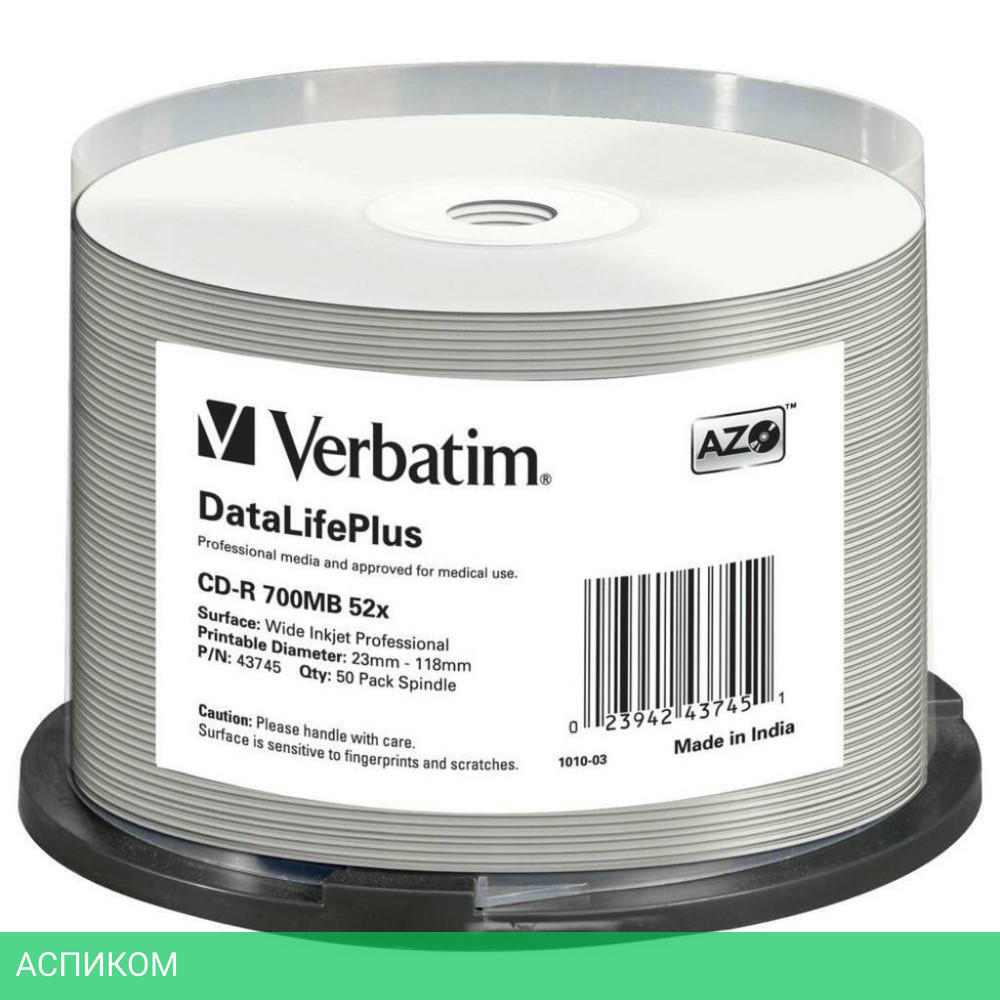 CD-R диск Verbatim 700Mb 52x DL+ White Wide Thermal Printable 50шт (43756)