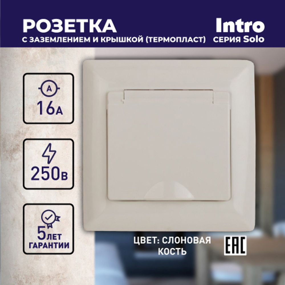 Розетка Intro Solo 4-203-02 с заземлением 2P+E Schuko с крышкой, 16А-250В, IP20, СУ, слоновая кость