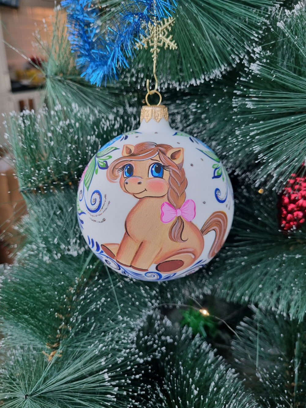 Шар стеклянный "Пони" городецкая роспись, ручная работа