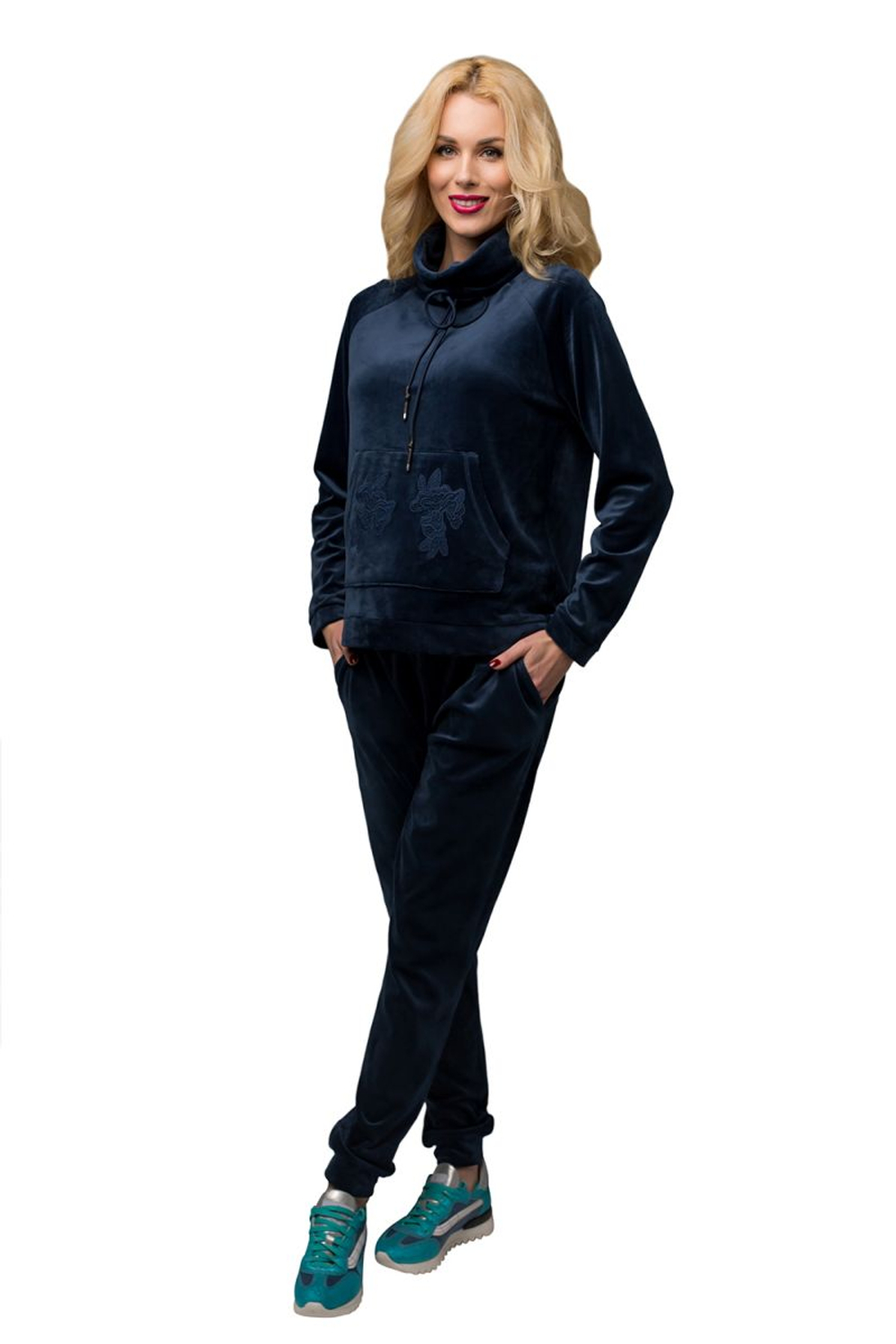 Костюм из бархатистого материала с карманом-кенгуру (Размер: M) (Цвет: темно-синий)