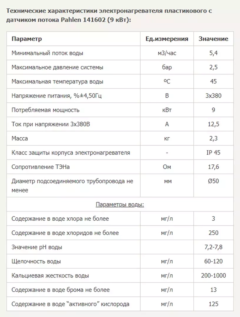 Электронагреватель для бассейна - 9кВт, 380В, подкл. Ø50мм, Incoloy 825, 0-45 С°, корпус пластик - Pahlen, Швеция