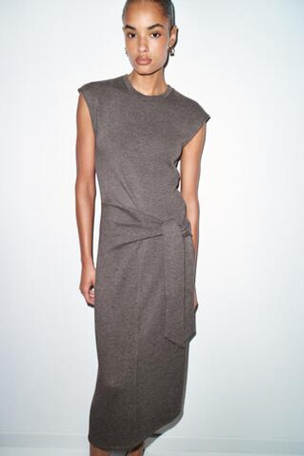 ZARA МЯГКОЕ ПЛАТЬЕ С УЗЛОМ, ТЕМНО-КОРИЧНЕВЫЙ