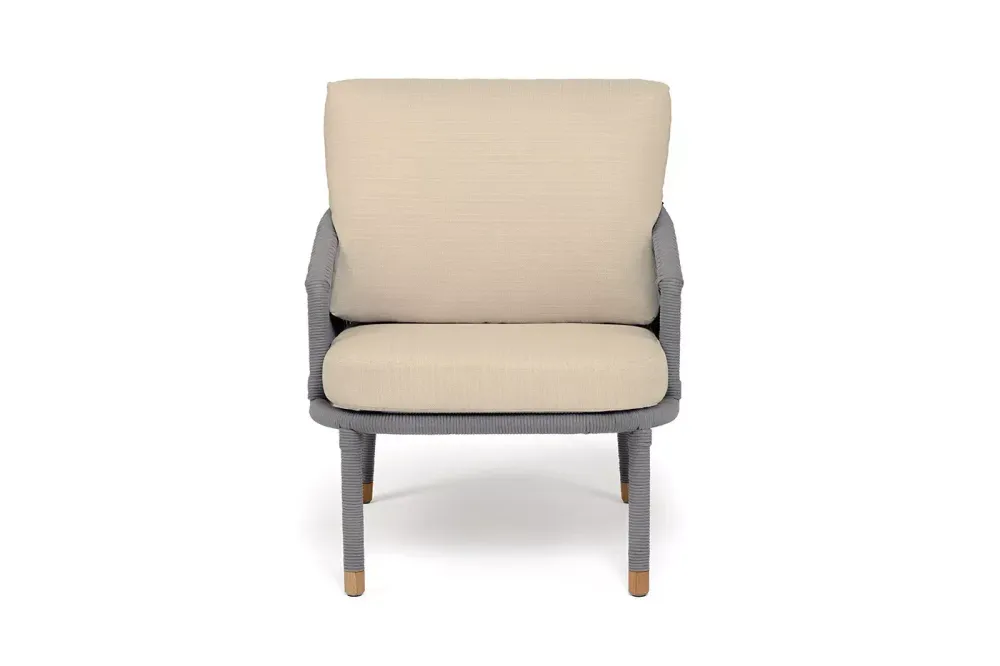 "Верона" кресло плетеное из роупа, каркас алюминий светло-серый (RAL7035) муар, роуп светло-серый круглый, ткань Mossle светло-бежевая