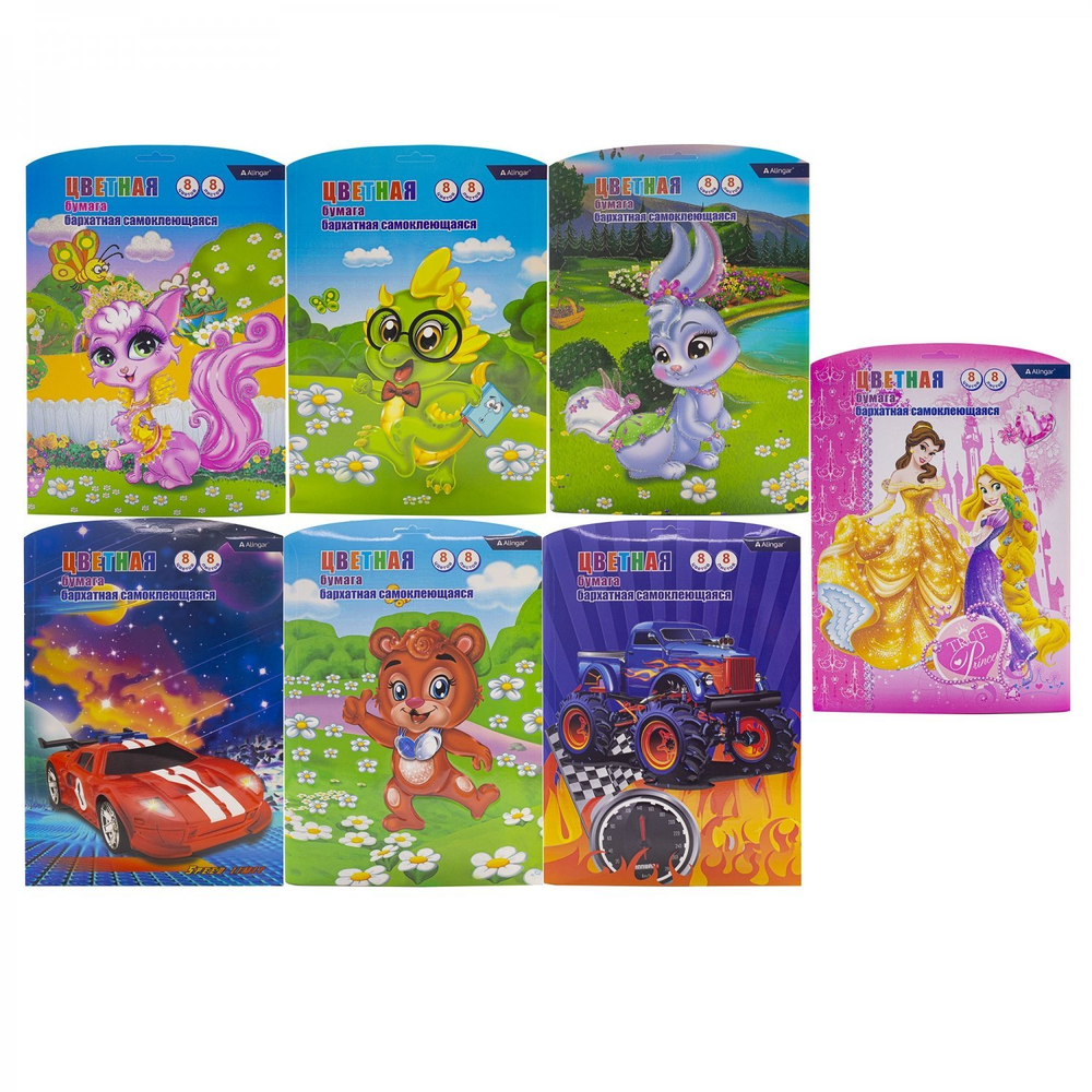 Бумага цветная Alingar, А4, бархатная, самоклеящаяся, 8 листов, 8 цветов, папка конгрев, глитер с европодвесом