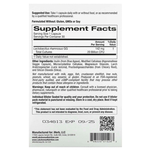 Lake Avenue Nutrition, пробиотики для поддержки пищеварения, смесь пробиотиков и пребиотиков с лактобактериями рамнозус GG, 20 млрд КОЕ, 30 растительных капсул